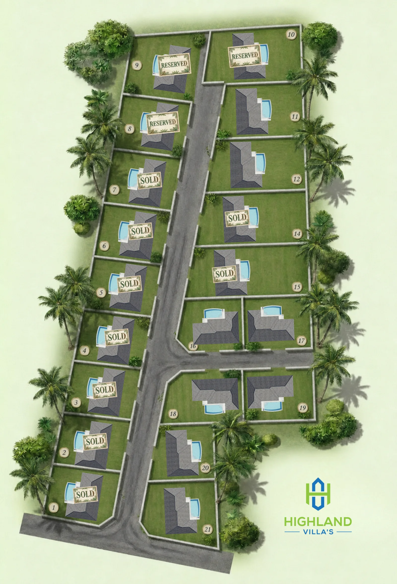 Highland Villas 4 site plan showing current plot availability — sold, reserved and available plots