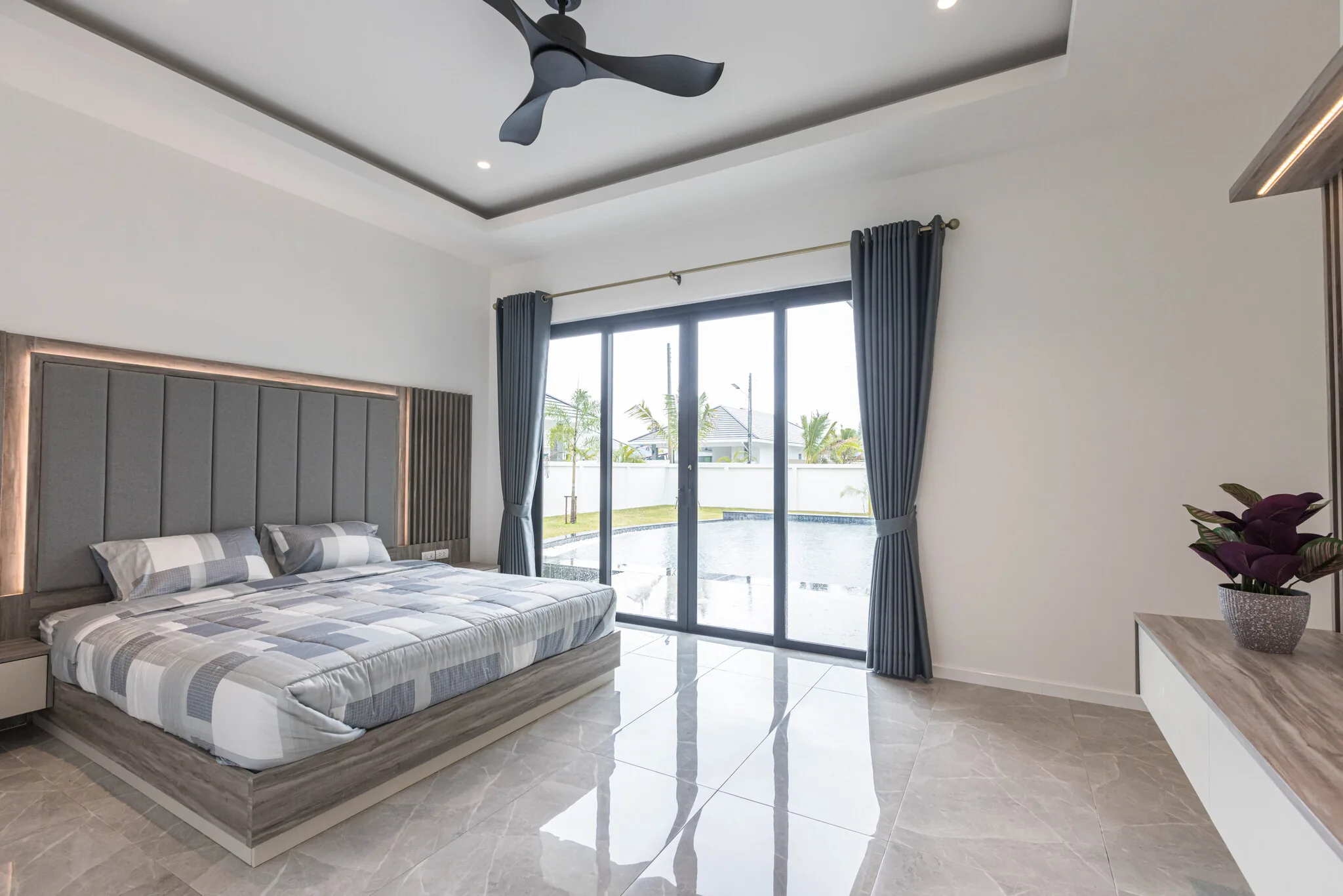Bedroom with pool view
